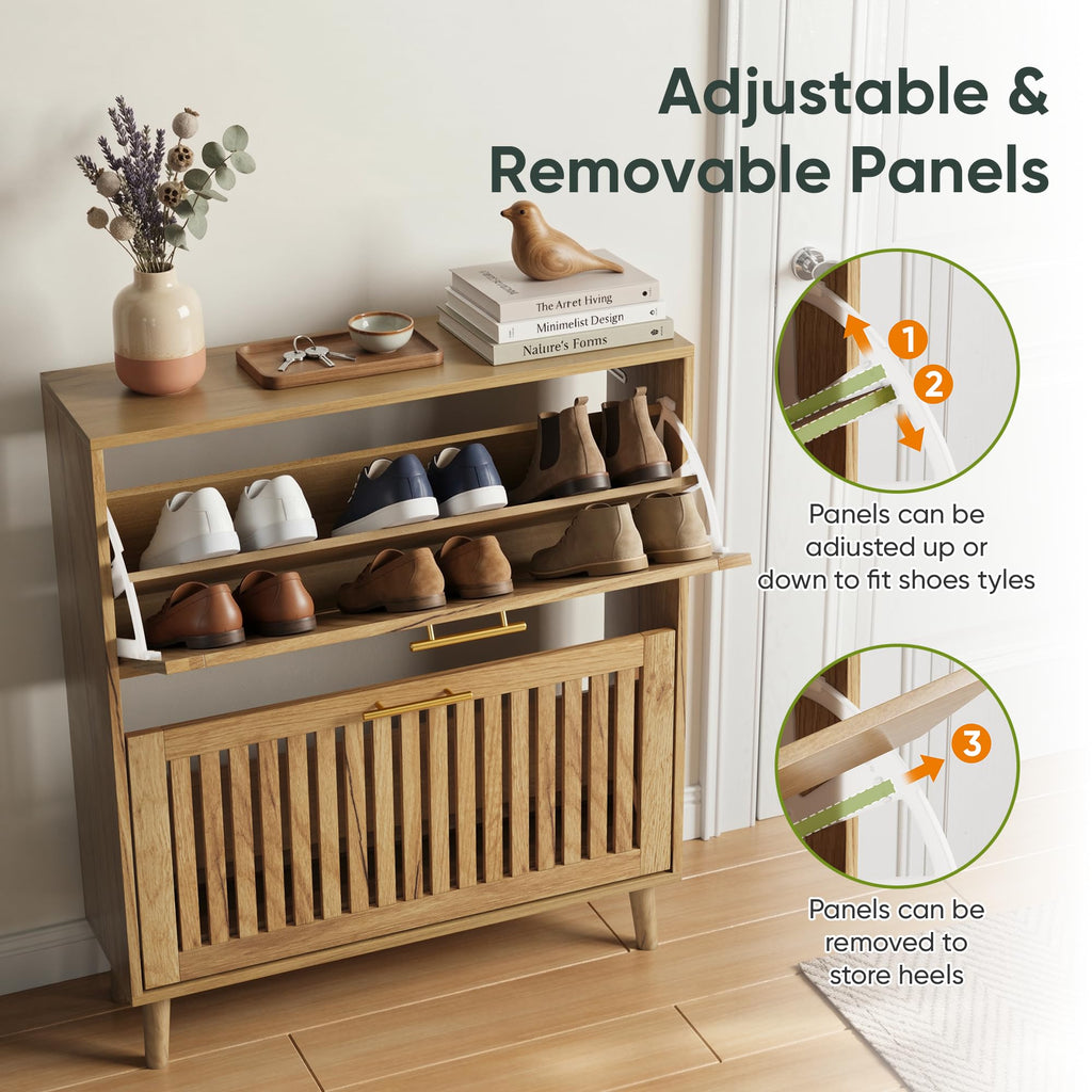 Shoe Storage Cabinet with 2 Flip Slatted Drawers, Narrow Freestanding Shoe Cabinet with Gold Handle, Hidden Entryway
