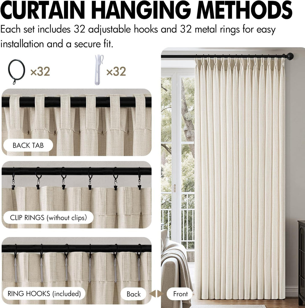 Pinch Pleated Thick Linen Curtains 90 Inches 4 Panels Set Ivory Cream Back Tab Memory Trained Pinch Pleat Semi Sheer