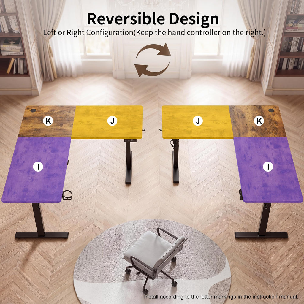 63X55 Inches Reversible L Shaped Standing Desk Height Adjustable with Cup Holder, Electric Corner Computer Desk, Sit