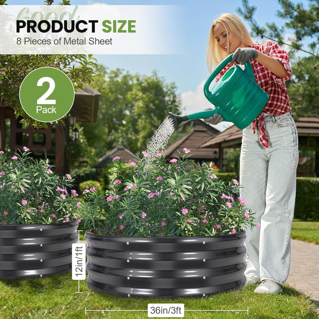 Round Raised Garden Bed Outdoor, 3x3x1ft, 2Pcs, Dark Grey | Galvanized Steel Planter Box, Rubber Edge Trim