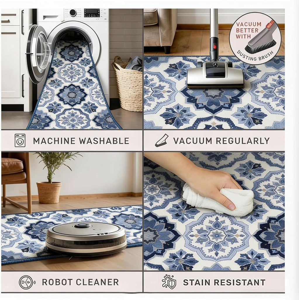 Vintage Moroccan Trellis Runner Rug, Non-Slip Low Pile Blue and White Boho Medallion Hallway Carpet, Machine