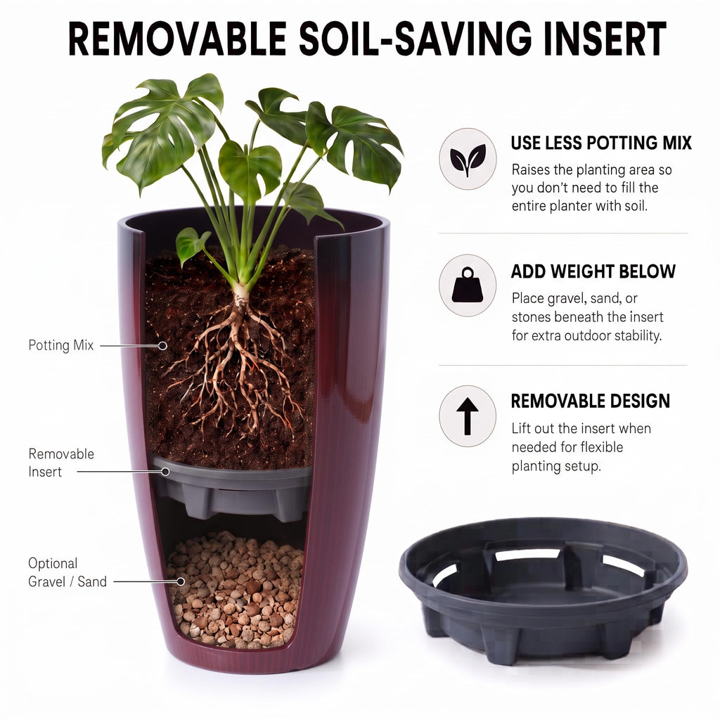 Large Outdoor Planters with Movable Insert Shelf/Drainage Hole, 21 Inch Black to Scarlet Gradient- Glossy Finish for