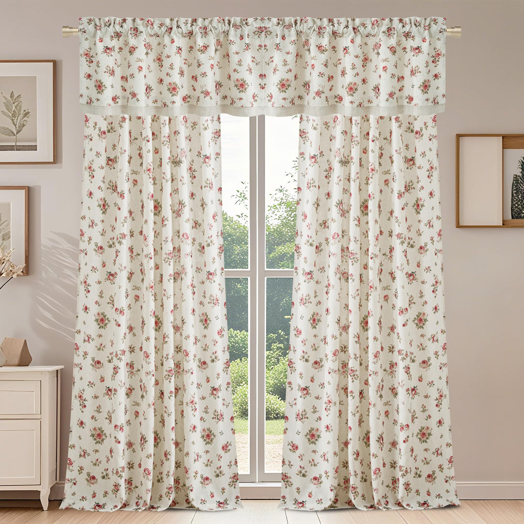 Vintage Pink Rose Floral Valance for Windows, Double-Layer Linen Valance with Shabby Chic Floral Pattern, Decorative