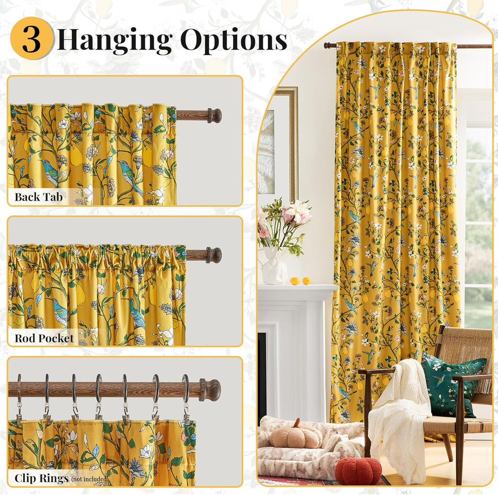 Mustard Yellow Vintage Velvet Curtains 96 inches,Victorian Whimsical Botanical Floral Blackout Room Darkening Curtain