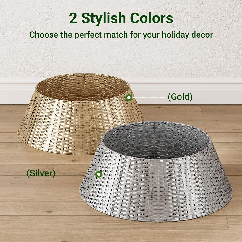 Christmas Tree Collar, 28 Inch Silver Woven Xmas Tree Skirt for 7.5 ft Trees, Stylish Rustic Basket for Tree Base