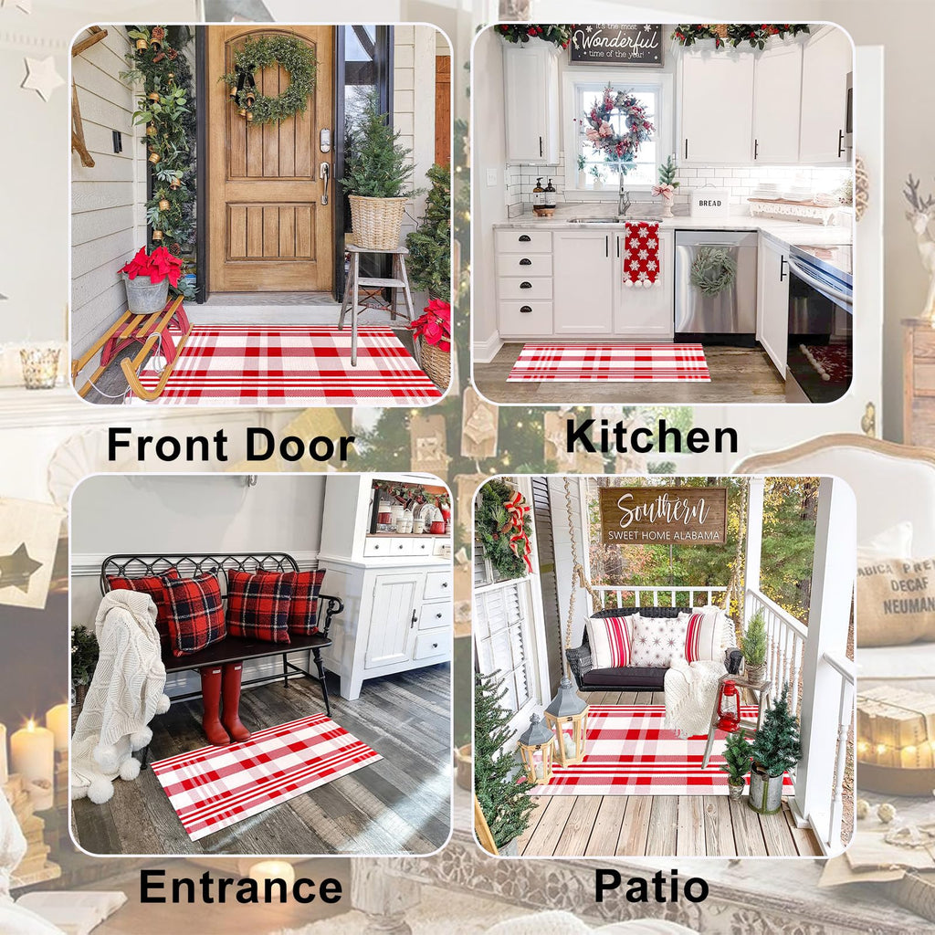 Christmas Door Mat Red and White Plaid Rug 28 x 43 Inch, Cotton Woven Christmas Checkered Front Door Mat and Covered