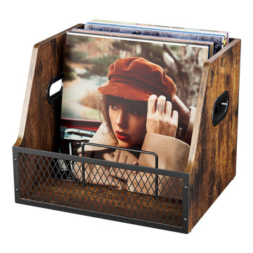 Vinyl Record Storage, Wooden Crate ‌Vinyl Holder with Dividers for Albums & Magazine Rack Organizer for 60+ Records