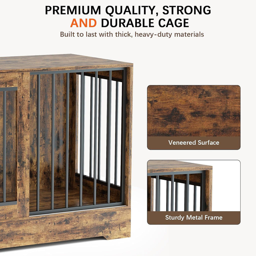 Dog Crate Furniture with Sliding Door: Heavy Duty Dog Kennel with Dog Bowls, Wooden Dog Cage Indoor, Decorative Side