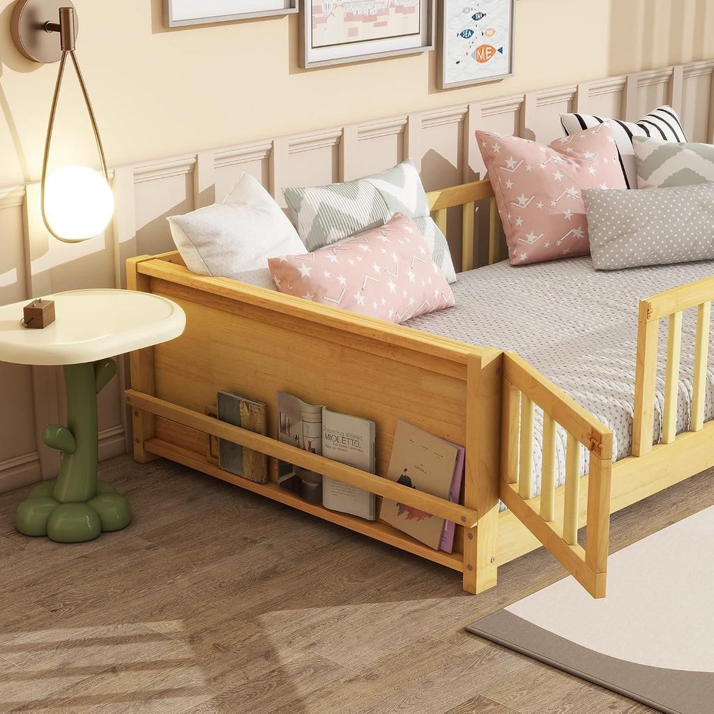 Montessori Floor Bed with Side Bookshelf, Natural, With Door