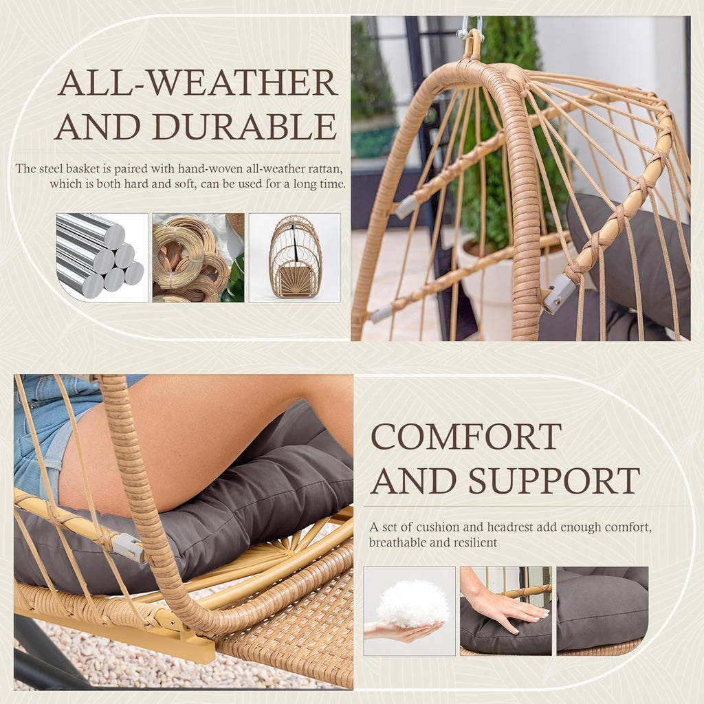 Hanging Egg Chair with Stand & Footrest | Hammock Egg Chairs with Footrest and UV Resistant Cushion for Indoor