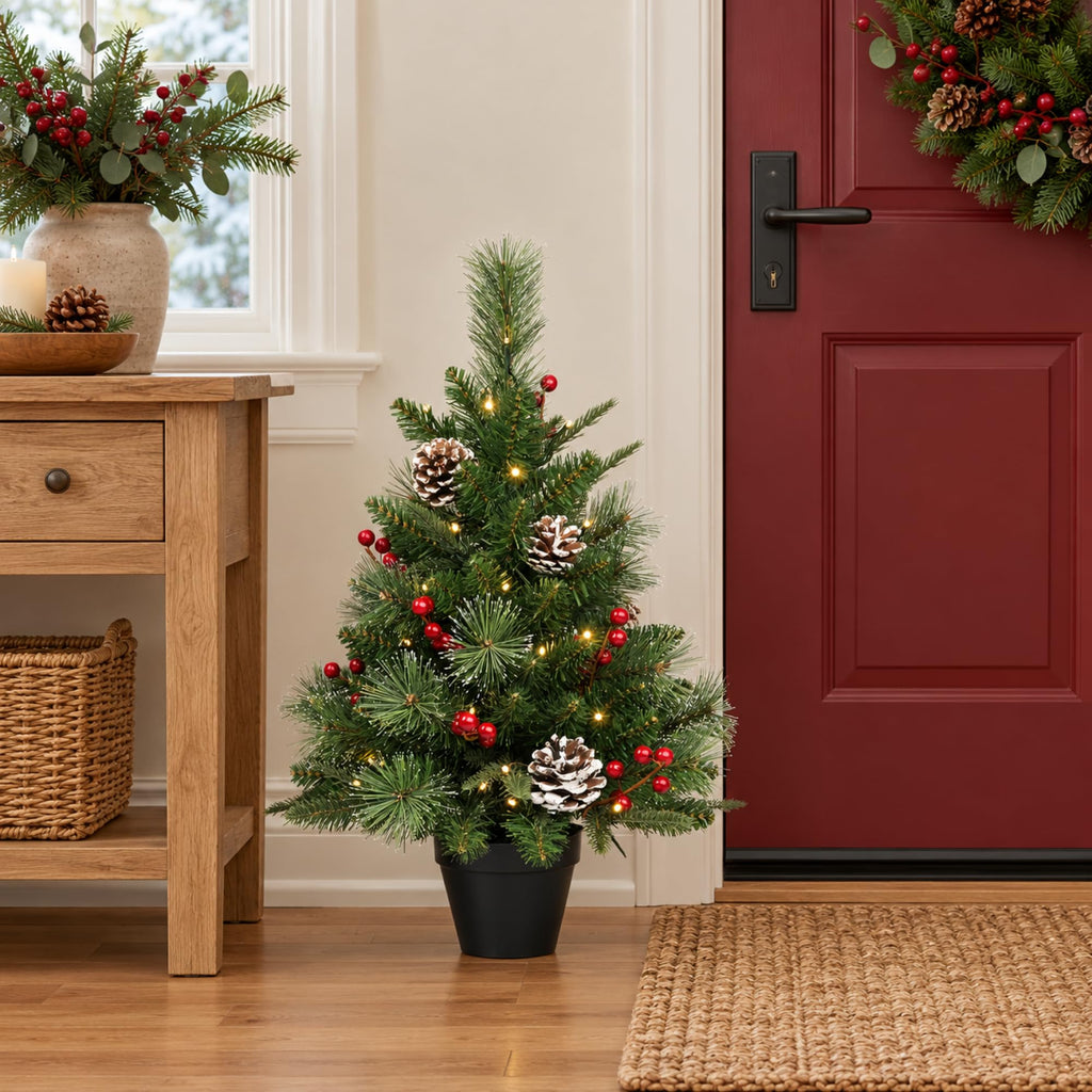 2Ft Pre-Lit Artificial Christmas Tree Tabletop with Battery Operated 50 Warm LED Red Berries Pine Cone Pine Needle