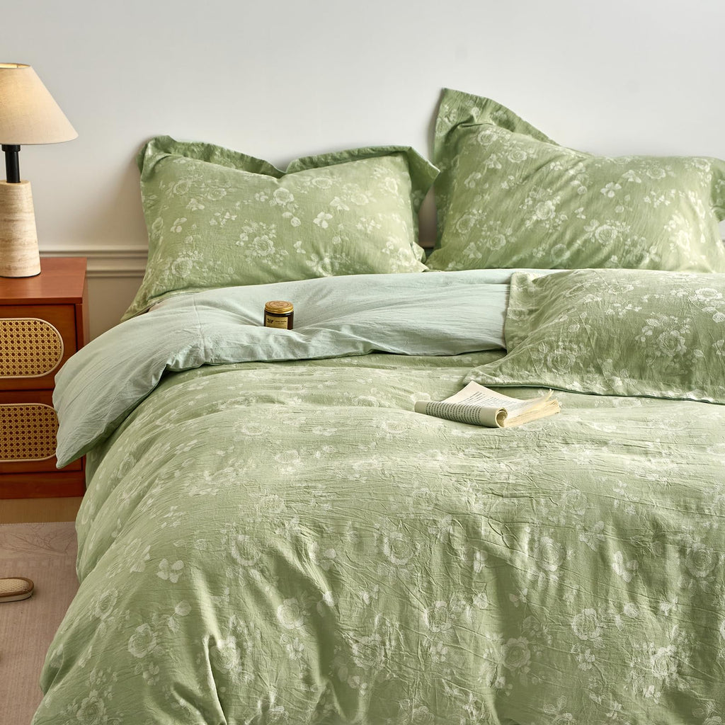 100% Washed Cotton Cover Set, Reversible Vintage Green Floral Butterfly Jacquard Textured Comforter Cover, Boho