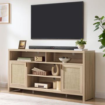 63" Rattan TV Stand for TVs up to 65" - 31.5" Tall TV Stands Boho Entertainment Center with Large Storage and Doors