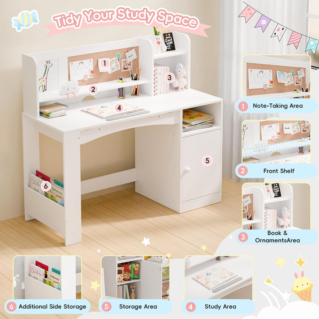 Kids Desk and Chair Set, Wooden Desk for Kids with Tiltable Desktop & Hutch, Kid Desk with Storage Cabinet, Study