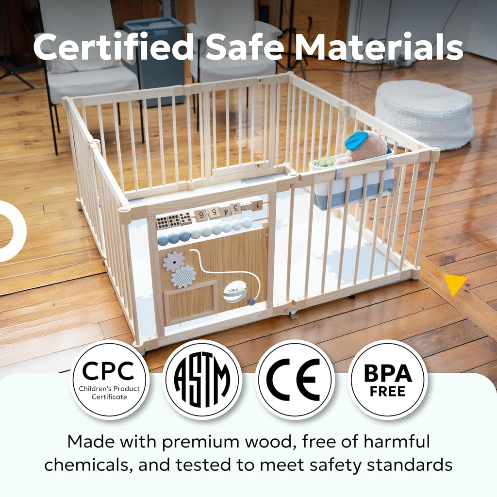 Baby Playpen, Wooden Playpen for Babies and Toddlers, Foldable Fence with Montessori Activity Panel, Storage Basket &