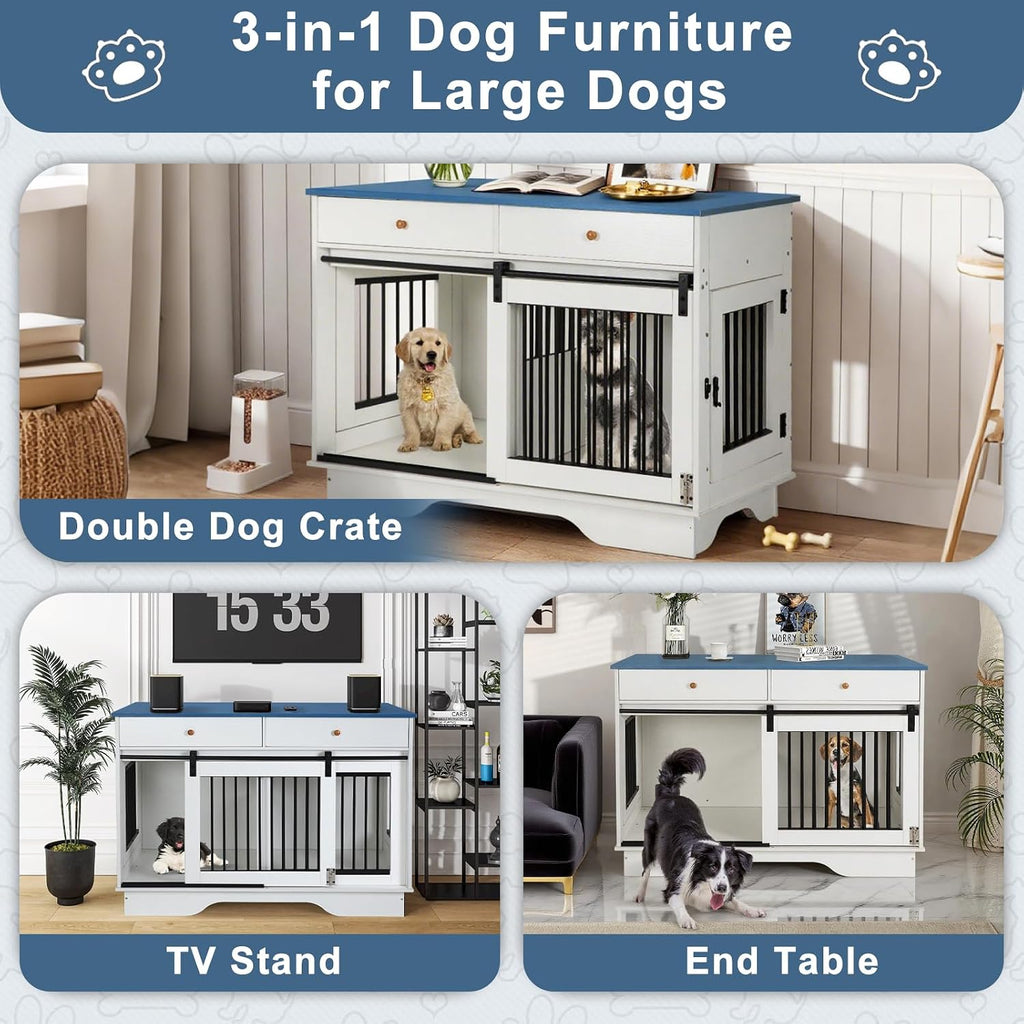 Double Dog Crate Furniture, Farmhouse Dog Kennel Furniture for 2 Dogs