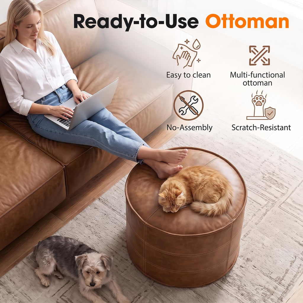 Leather Round Ottoman, Pouf (Brown, Round)
