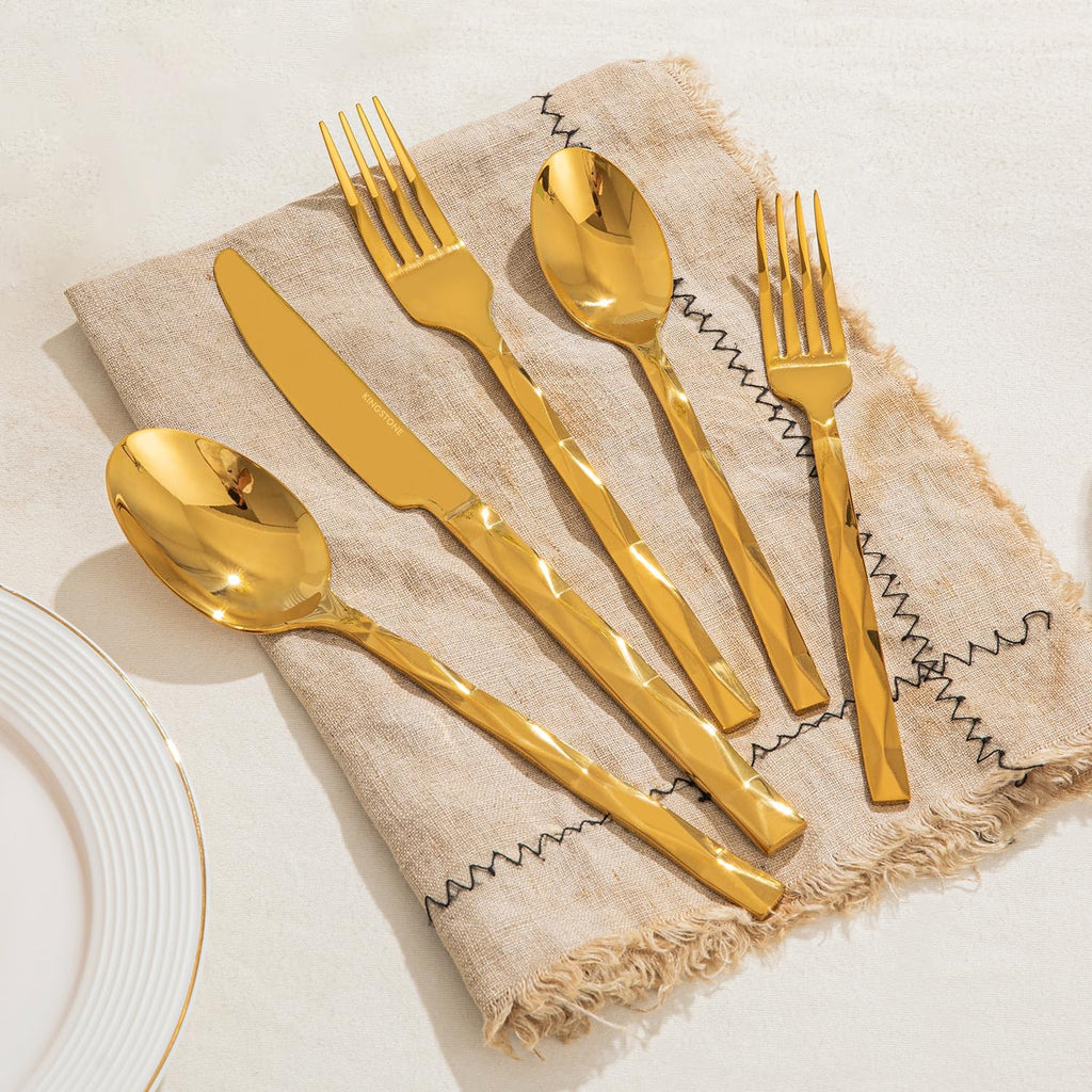 Gold Silverware Set, Luxury 20-Piece Flatware Set for 4, 18/10 Stainless Steel Cutlery Set with Diamond Cut Pattern