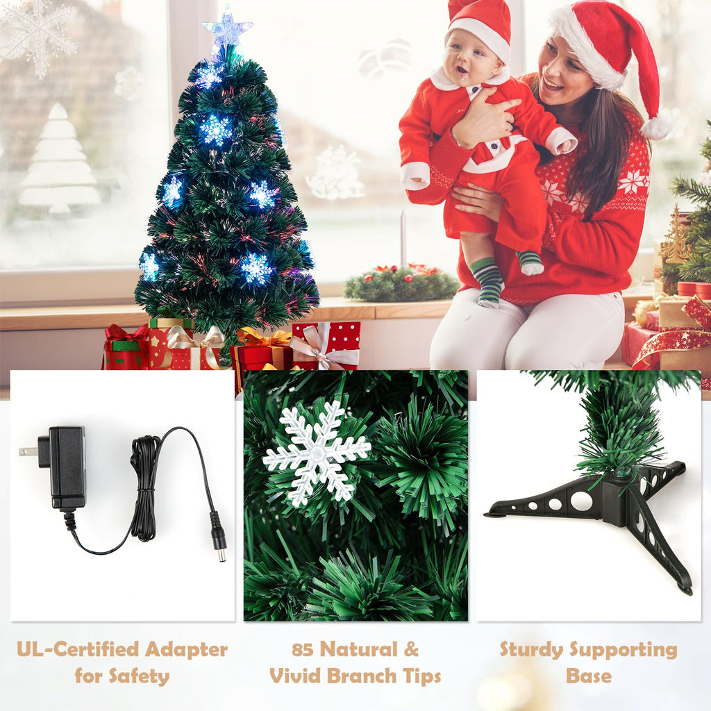 3ft Pre-Lit Fiber Optic Christmas Tree for Tabletop, Small Mini Artificial Xmas Full Tree with Colorful Snowflake LED