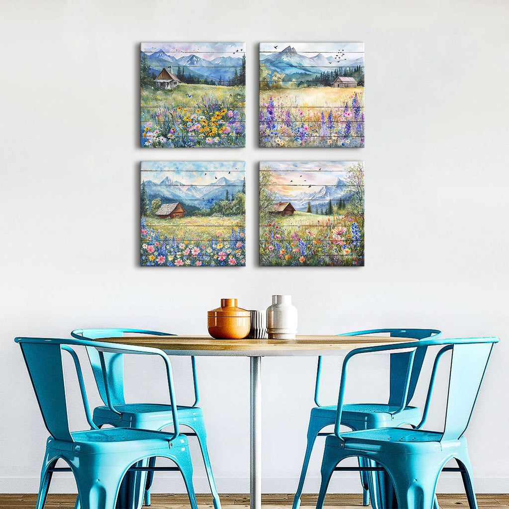 Colorful Wildflower Wall Art Farmhouse Floral Scenery Pictures Rustic Flower Landscape Canvas Painting Mountain