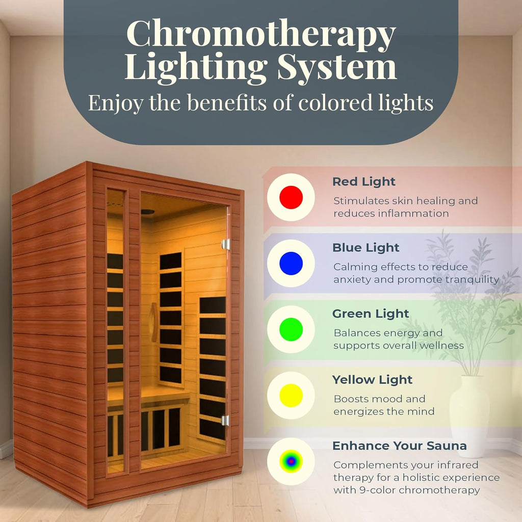 DYNAMIC SAUNAS Cordoba 2-Person Full Spectrum Infrared Sauna with Red Light Therapy & Bluetooth Speakers | Personal