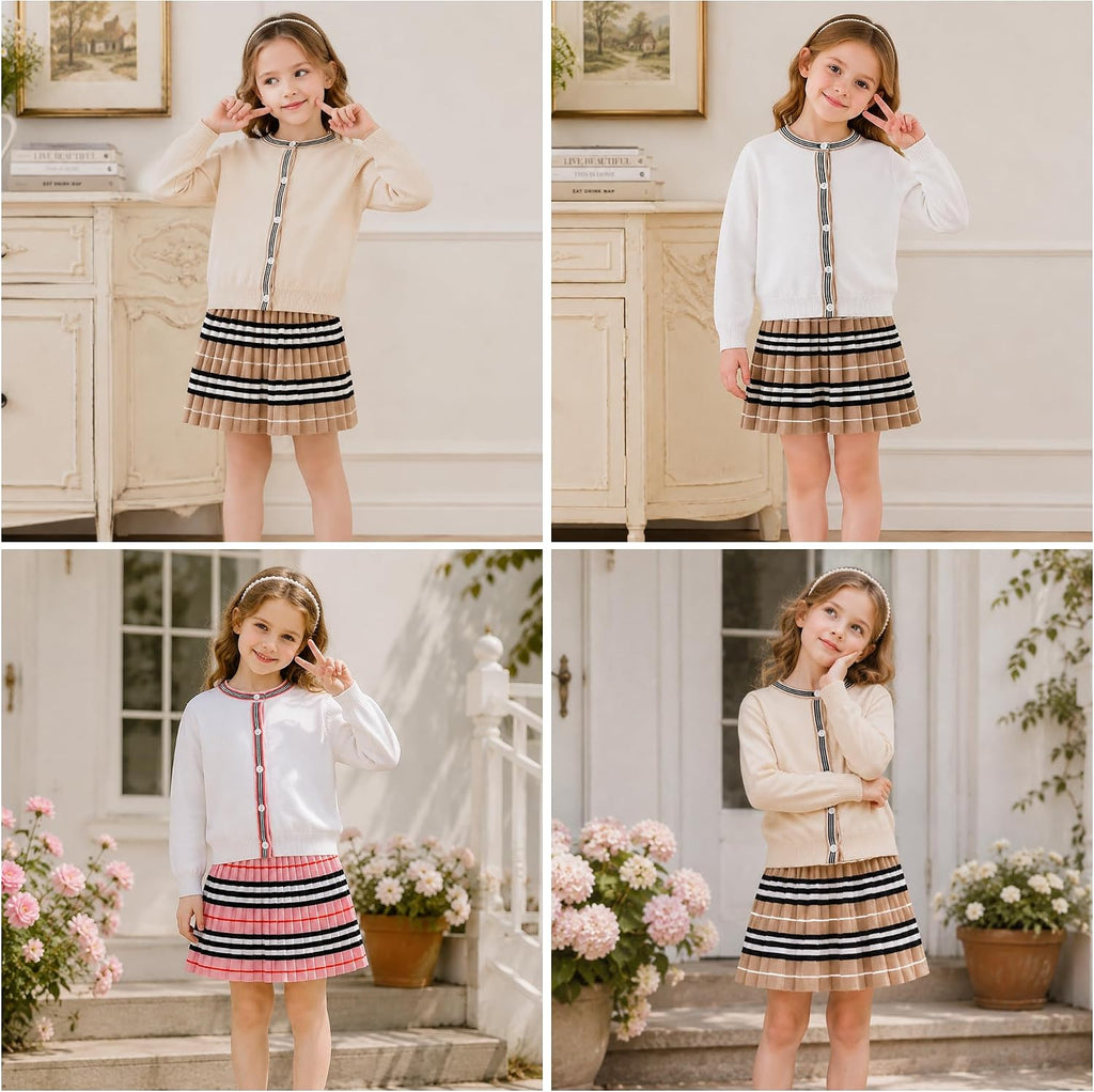 Cute Little Girls Ribbed Knit Cardigan Skirt Set School Style