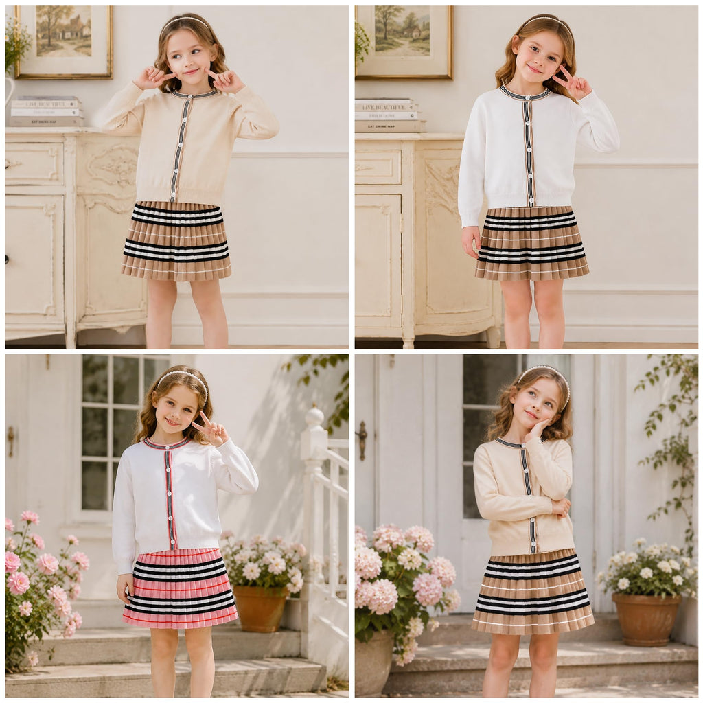 Pink Two Piece Outfit for Toddler Girls Ribbed Knit Sweater Cardigan Pleated Skirt Set