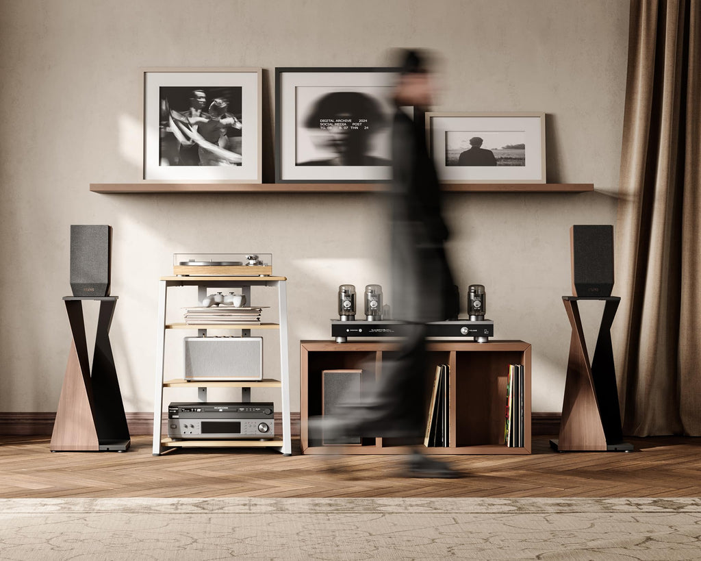 4-Tier AV Media Stand Corner Shelf for Record Player HiFi, Oak