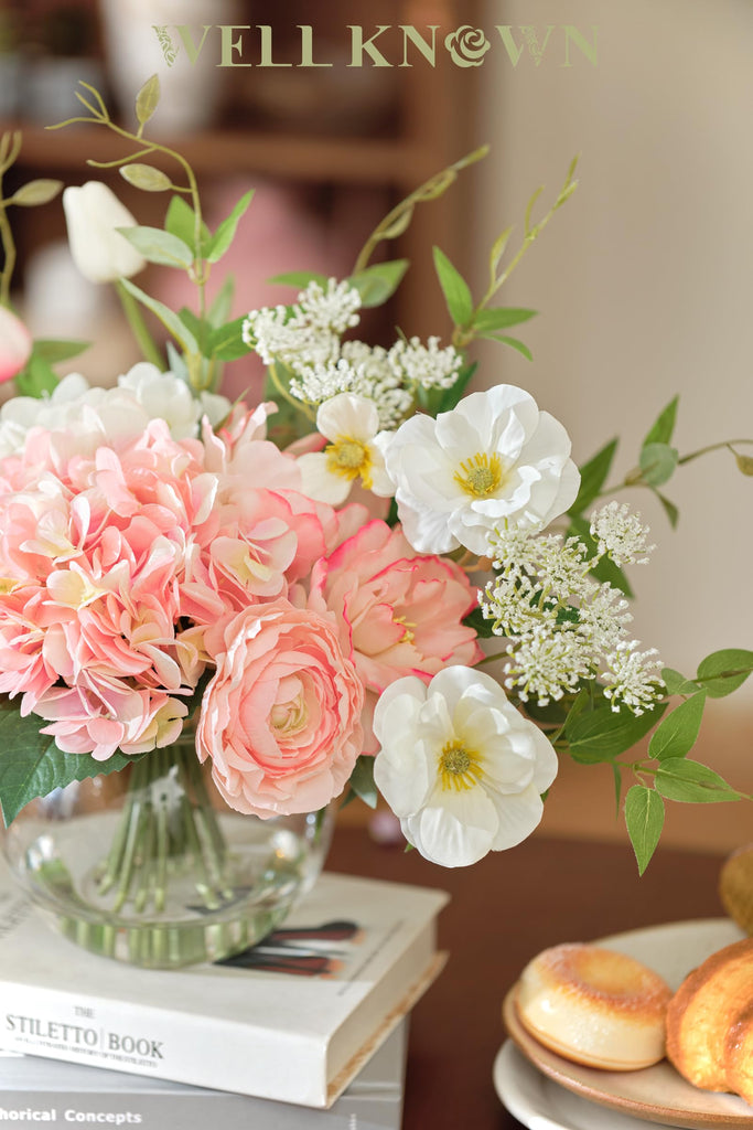 Artificial Flowers in Vase, Fake Silk Peony Tulip Hydrangea Pink & White Flower Bouquet Arrangement with Faux Water