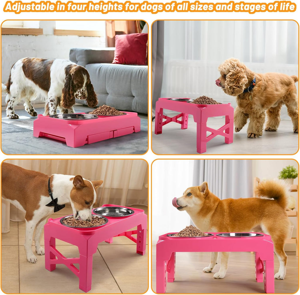 Elevated Dog Bowls with 2 Stainless Steel Dog Food & Water Raised Bowls with No Spill Edge Non-Slip Stand Adjusts to