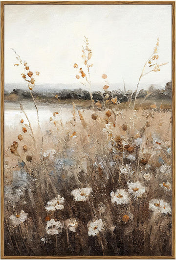 Vintage Wall Art Framed, Retro Countryside Autumn Wildflower Field Landscape Canvas Painting Farmhouse Decor Wall