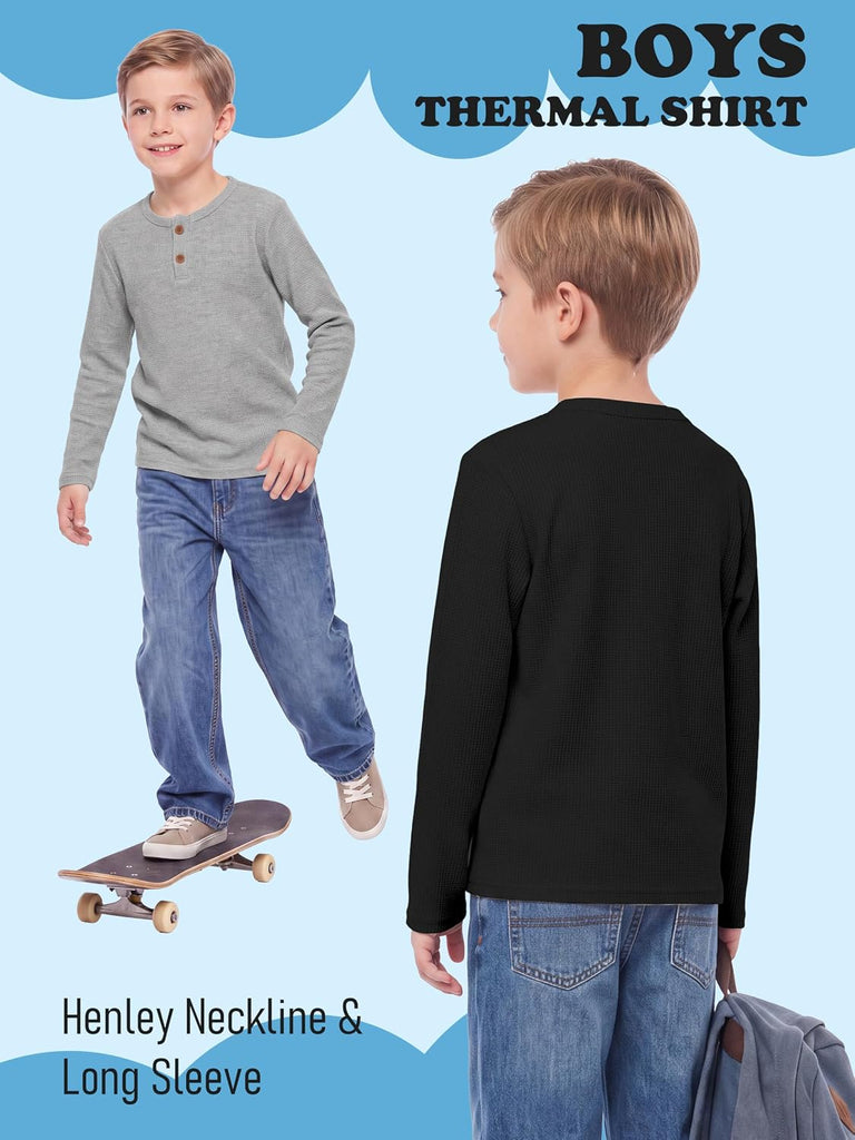 4 Pack Boys Long Sleeve Shirts Henley Neck Basic Waffle Knit Tops Tee for Kids Boys Thermal Shirt
