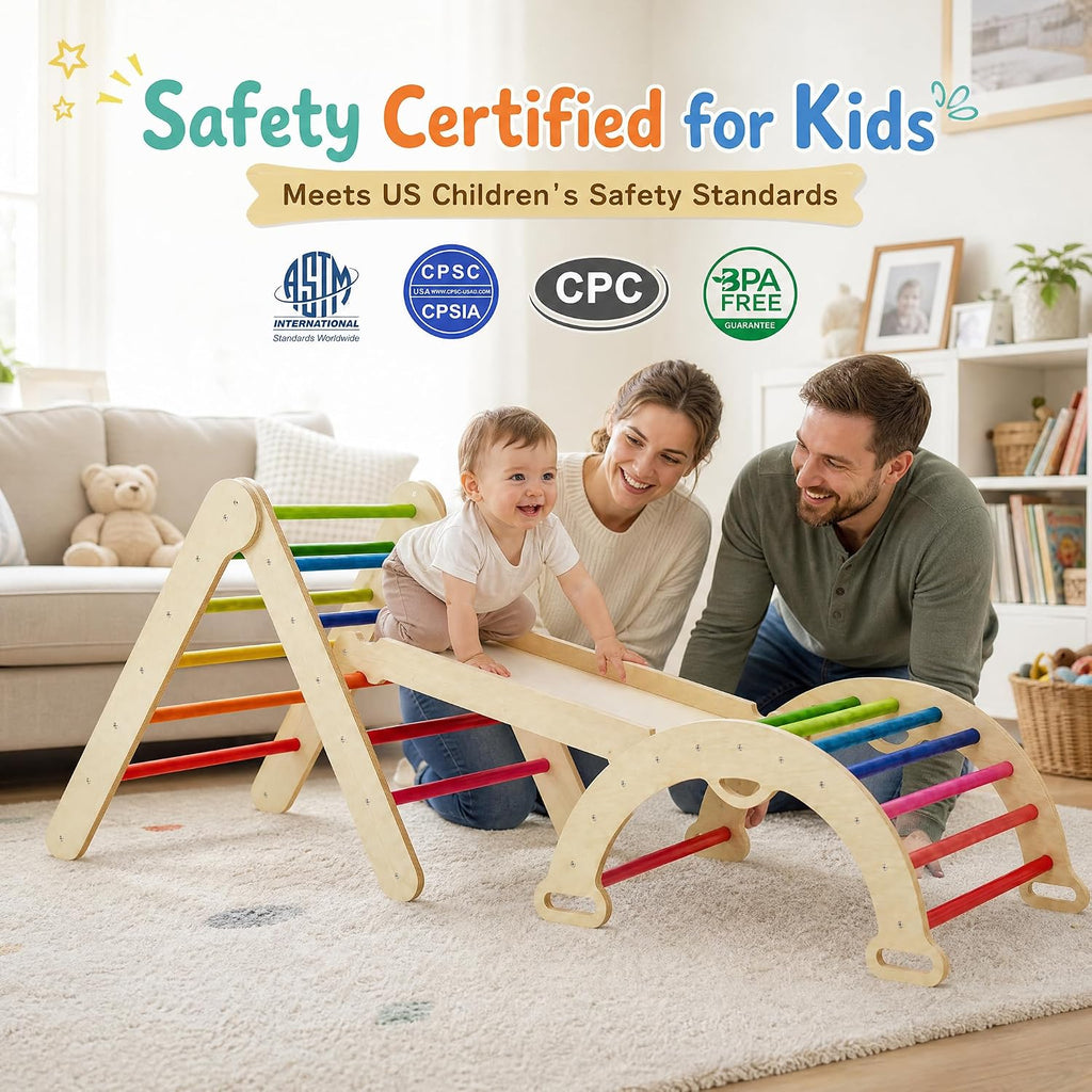 Pikler Triangle Set, Wooden Montessori Climbing Toys for 1-3 Year Old, Foldable in-1 Toddler Baby Indoor Play Gym