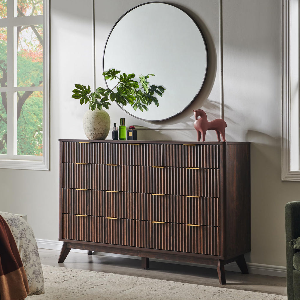 54" Wide Fluted 9 Drawer Dresser, Dark Walnut