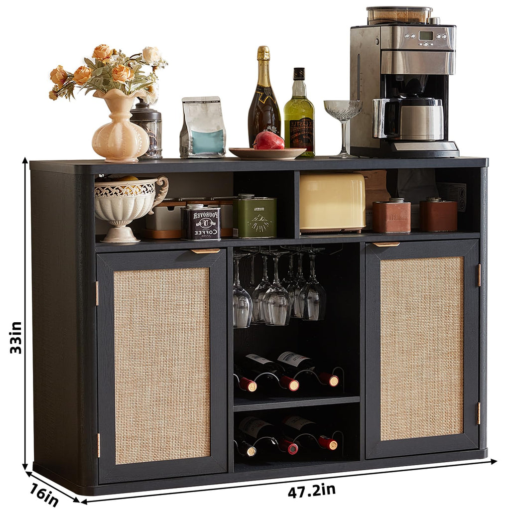Rattan Wine Bar Cabinet with Storage, Black