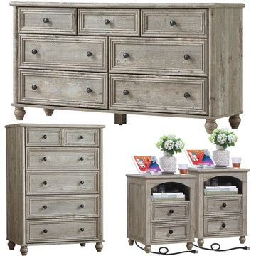 Farmhouse Dressers & Night Stand Set of 4, Wood 54" Wide Dresser & 43.5"Tall Chest of Drawers, 18" with Charging