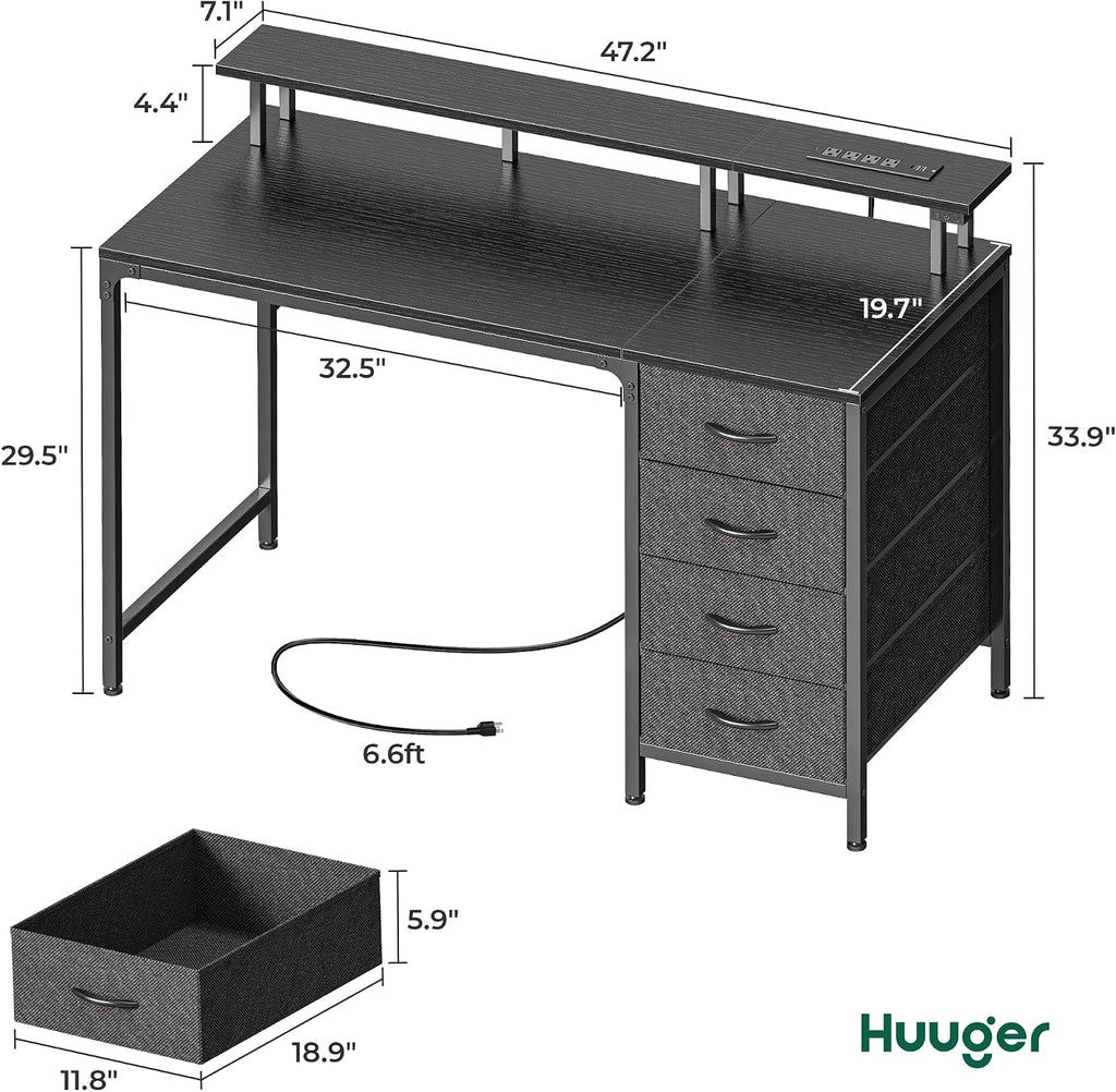 47 Inch Computer Desk with Power Outlets and LED Lights, Gaming Desk with 4 Drawers, Office Desk with Monitor Stand