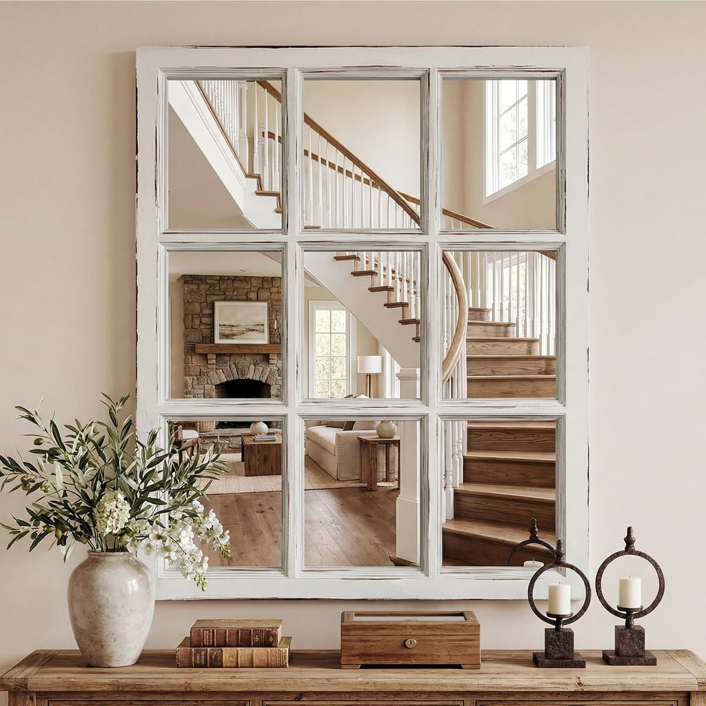 Wall Mirror Decor Farmhouse - Rustic White Window Pane Mirror Wall Decor, Rectangle Wood Mirror , Fireplace,Mantel