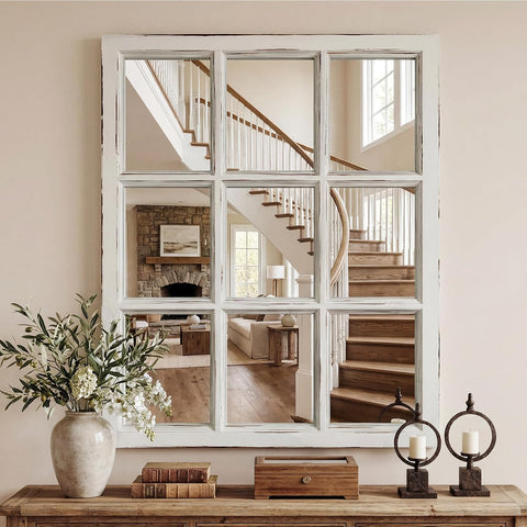 Wall Mirror Decor Farmhouse - Rustic White Window Pane Mirror Wall Decor, Rectangle Wood Mirror , Fireplace,Mantel