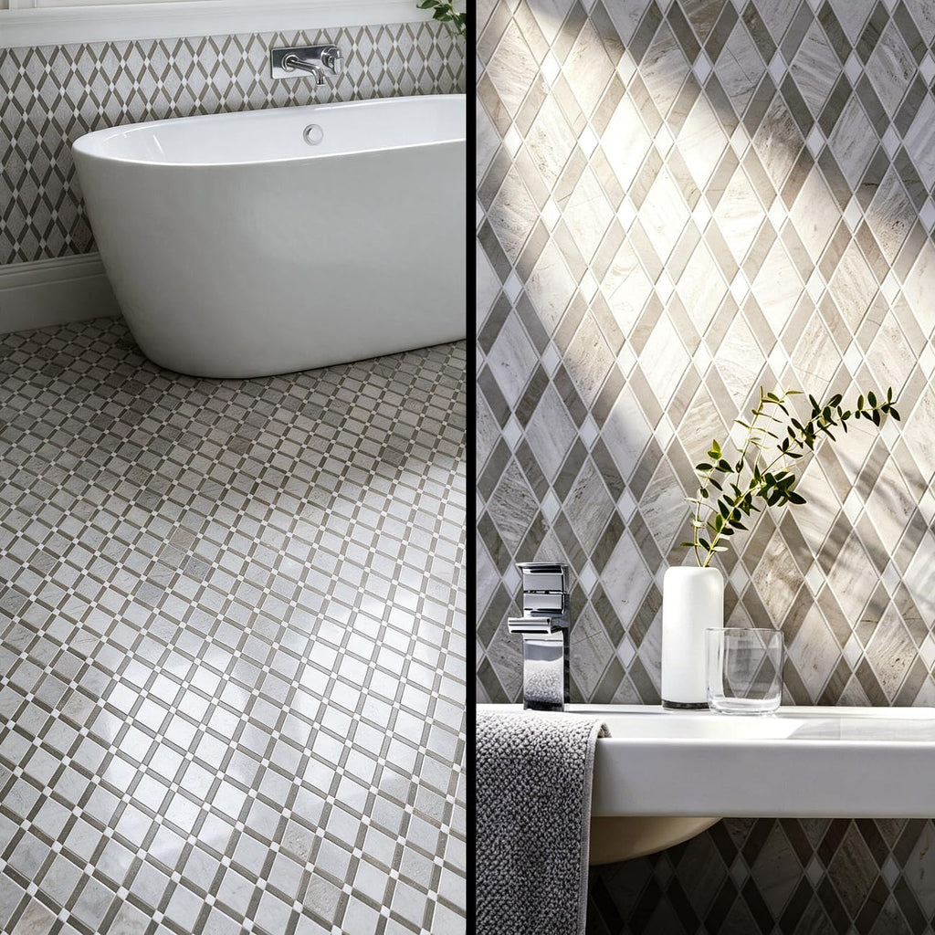 Gray Stone Diamond Mosaic Tiles, 5-Sheet Pack (5 Sq.Ft), Natural Textured Finish (Non-Polished), Geometric Rhombus