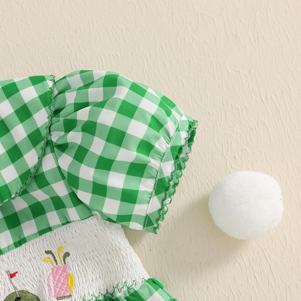 Baby Girl Smocked Bubble Romper Golf Embroidery Short Sleeve Peter Pan Collar Bodysuit Newborn Summer Clothes