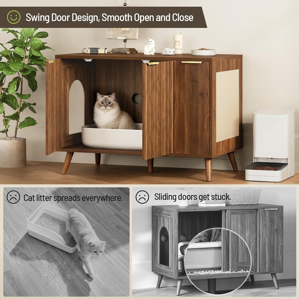 35.4" Cat Litter Box Enclosure with Drawer Storage, Scratch Pad