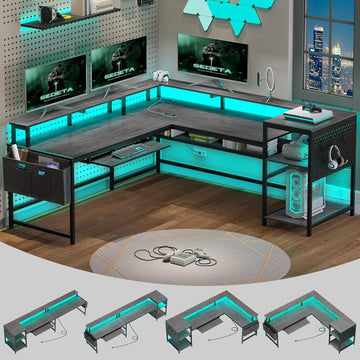 L Shaped Gaming Desk, Convertible 96" Home Office Desk or Corner Desk, L Shaped Table with Power Outlets & LED Strip