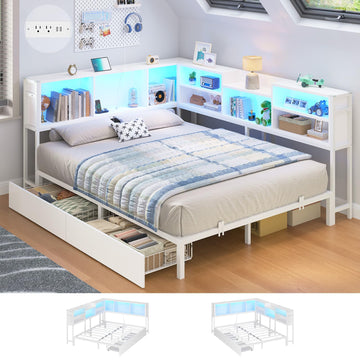 Corner Bed Frame Queen with Storage Bookcase and Drawers, Queen Size Daybed with Charging Station and LED Lights