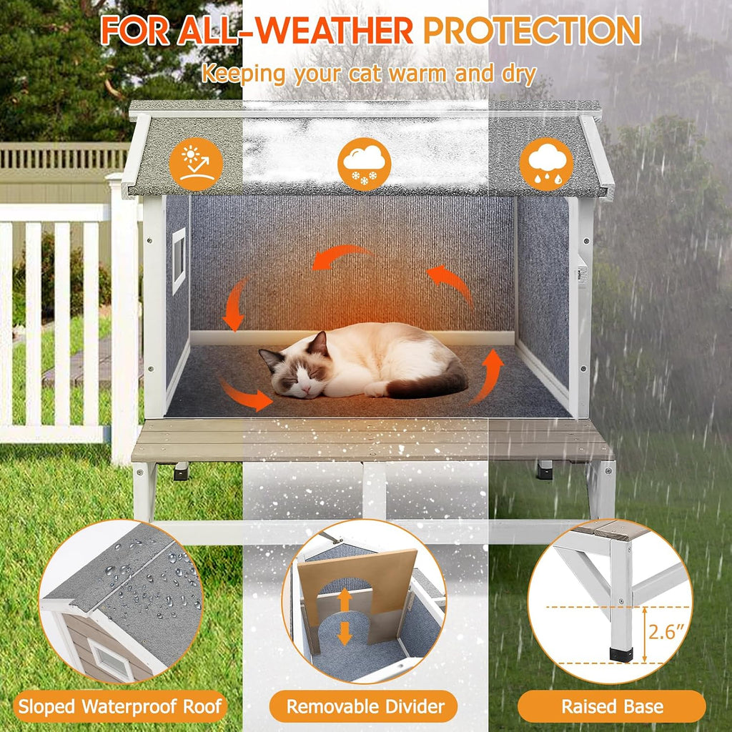 Insulated Outdoor Cat House with Balcony, Raised Feral Shelter