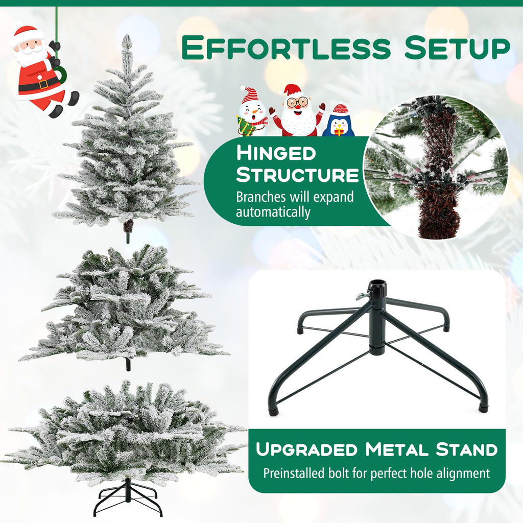 6 FT Pre-lit Artificial Xmas Tree with Remote Control, Flocked Christmas Tree with 661 PE PVC Branch Tips, 500 Cold