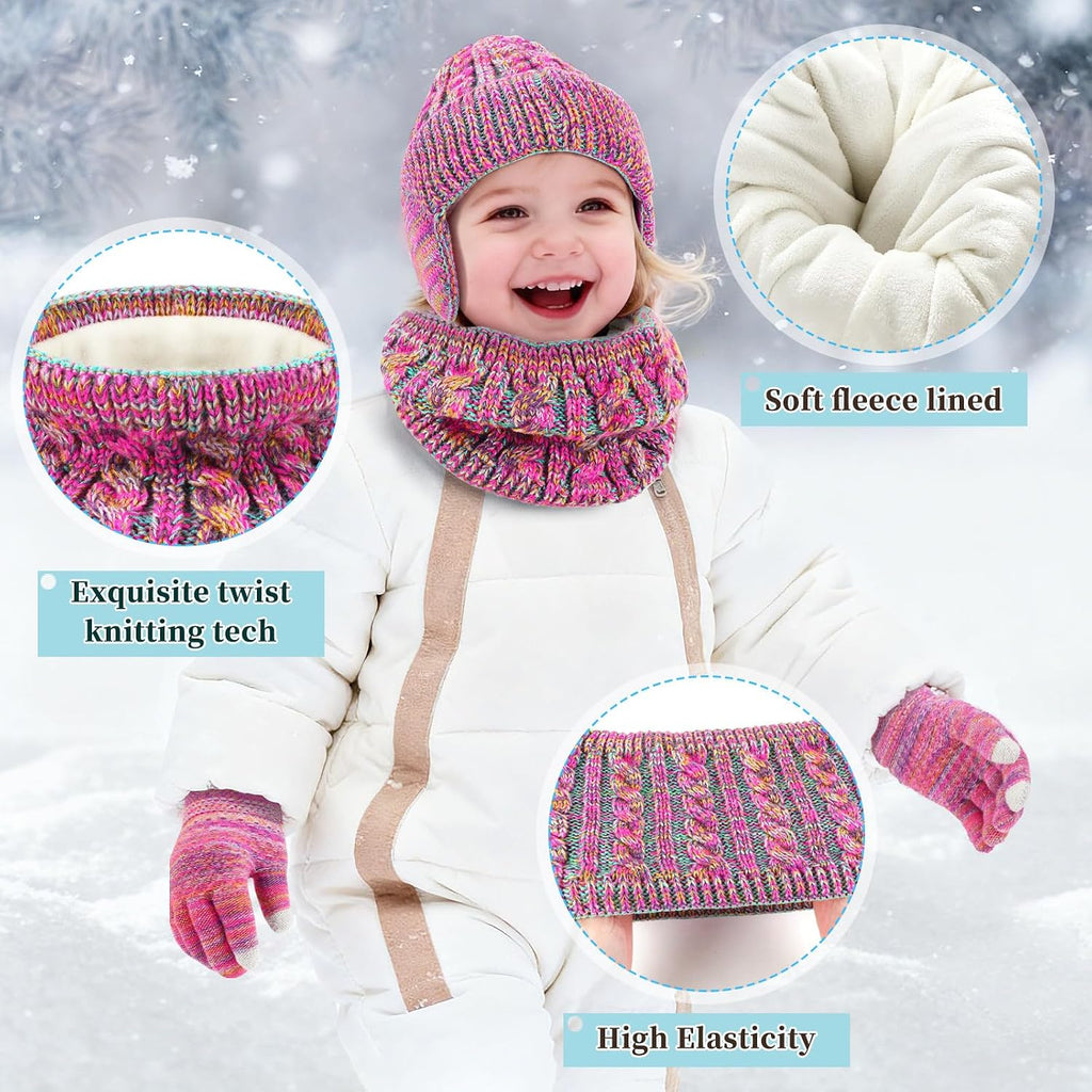 Kids Winter Hat Scarf Gloves Set Fleece Lined Beanie
