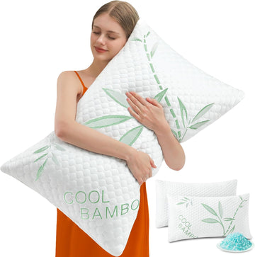 Cooling Pillows, Shredded Memory Foam Pillows King Size Set of 2 Adjustable Firm Bamboo Bed Pillows for Hot, Side