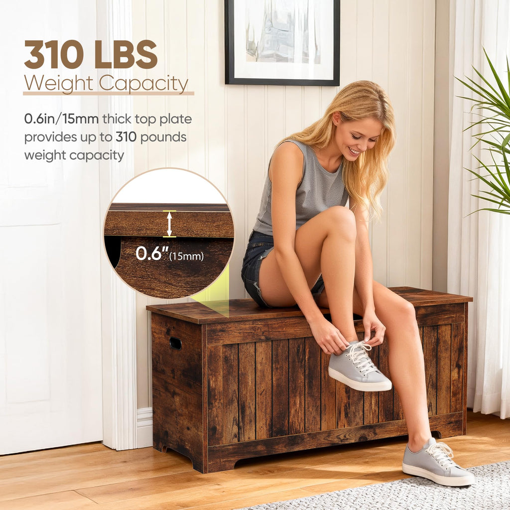 Storage Chest, Lift Top Storage Trunk, Entryway Shoe Bench, Wooden Storage Bench with 2 Safety Hinges (Rustic Brown