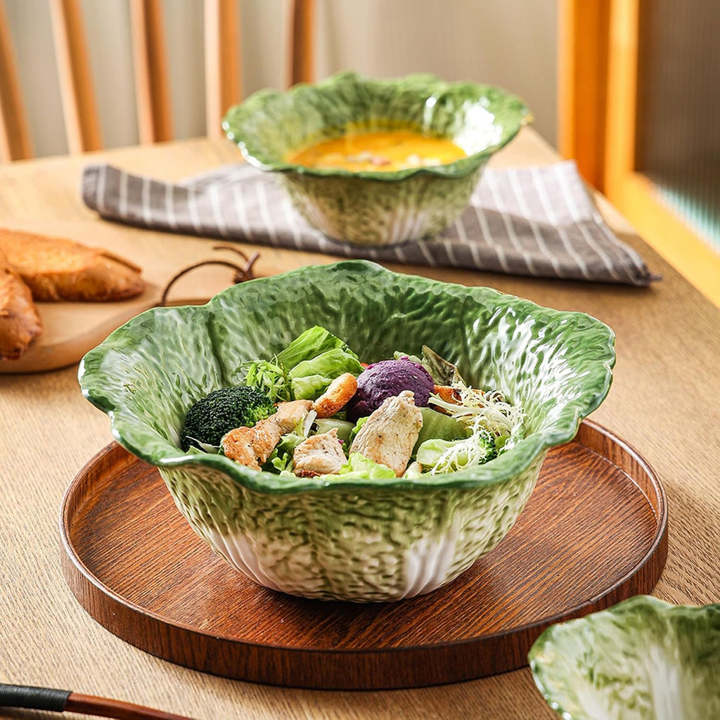 Green Cabbage Serving Bowl Set of 3 - Extra Large 60oz, 16oz, 5oz Nesting Mixing Bowls, Porcelain Dishes for Salad